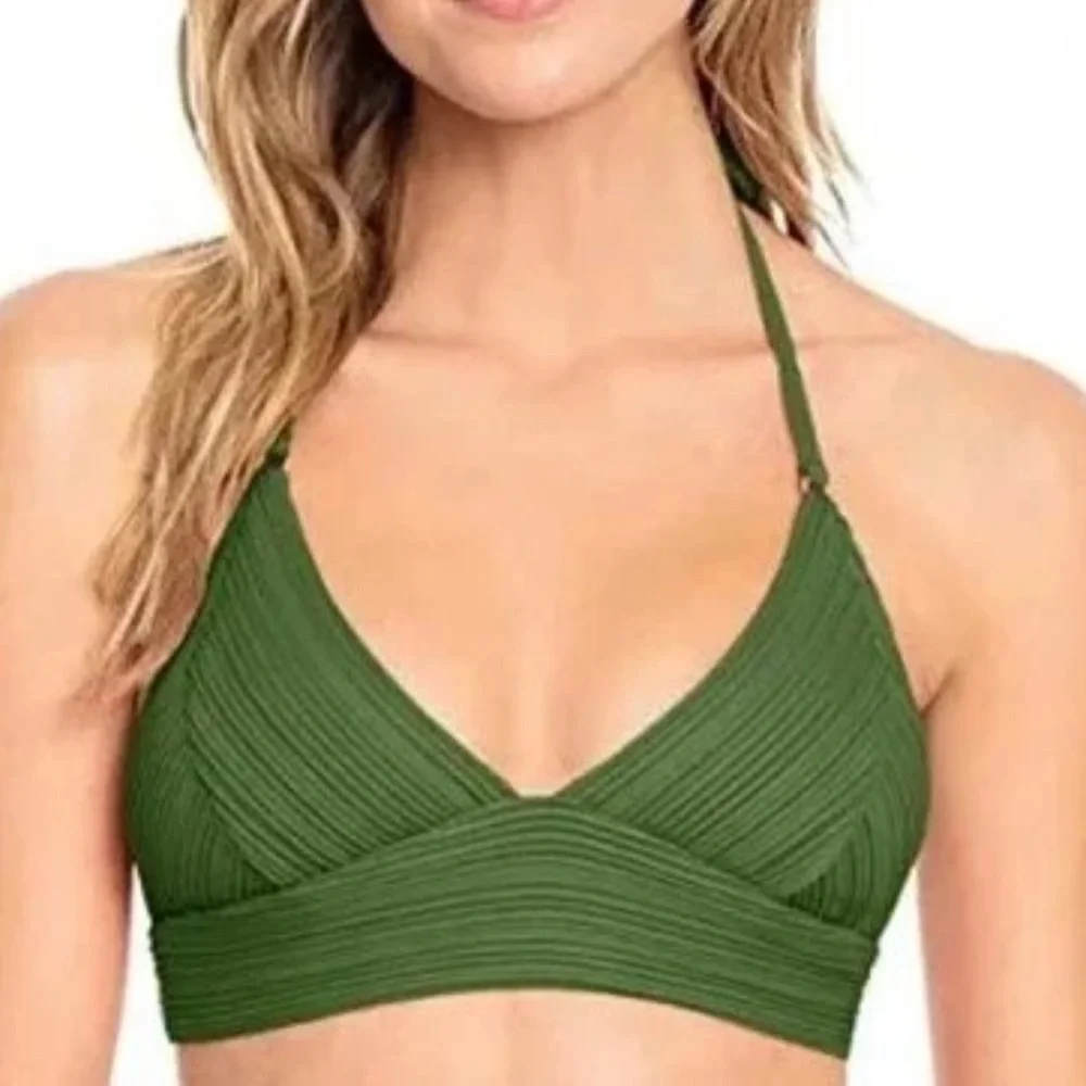 Robin Piccone Lily Ribbed Halter Triangle Bikini Top Basil Green L NWOT